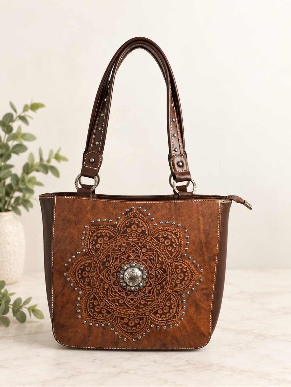 Trinity Ranch Western Tooled Mandala Concho Studded Shoulder Tote Bag